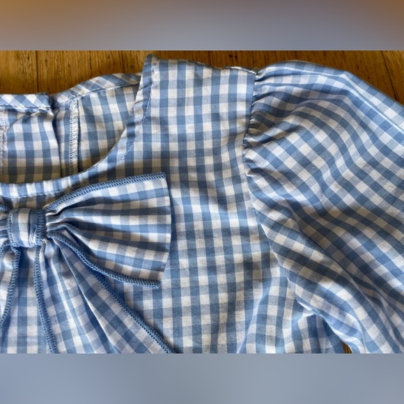 Blue Gingham puff Sleeve Blouse with Bow - Picture 2 of 11